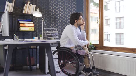 Behinderter-Junger-Büroangestellter-Im-Rollstuhl-Ist-Nachdenklich.